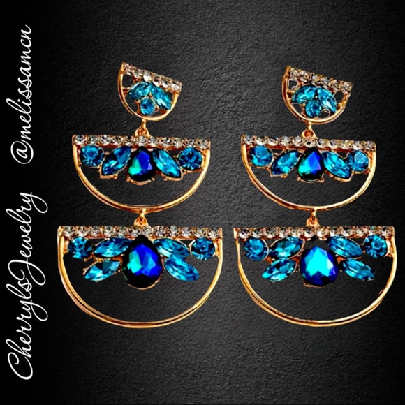 Turquoise Blue Fun Funky Crystal Standout Chandelier Earrings - Picture 2 of 5